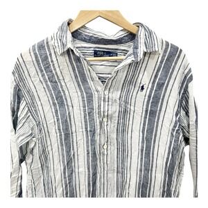 Lauren Ralph Lauren Striped 100% Linen Shirtdress Medium Blue White Button Mini